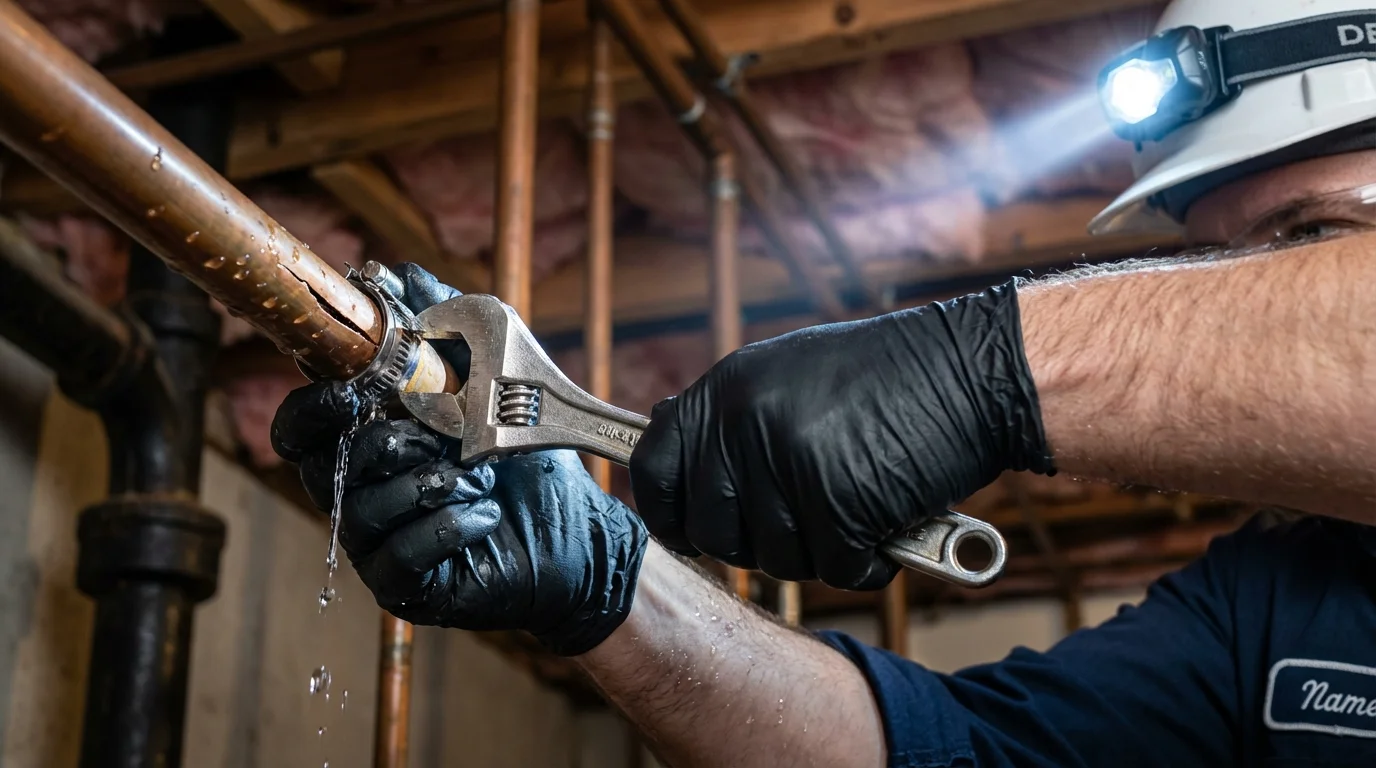 Emergency pipe clamp repair being performed by a Johns Plumbing LLC plumber in Perris