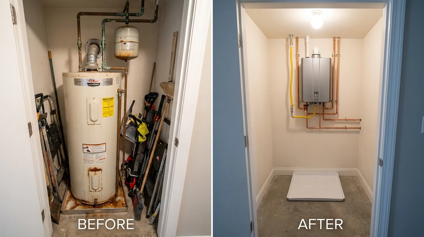 Tank water heater versus wall-mounted tankless unit comparison for Perris, CA homeowners