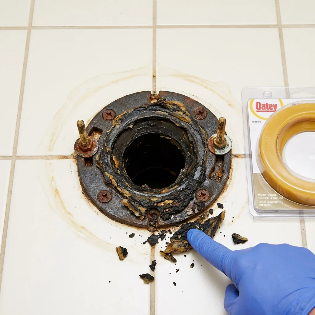 Failed wax ring showing water seepage at the base of a toilet in a Perris, CA home