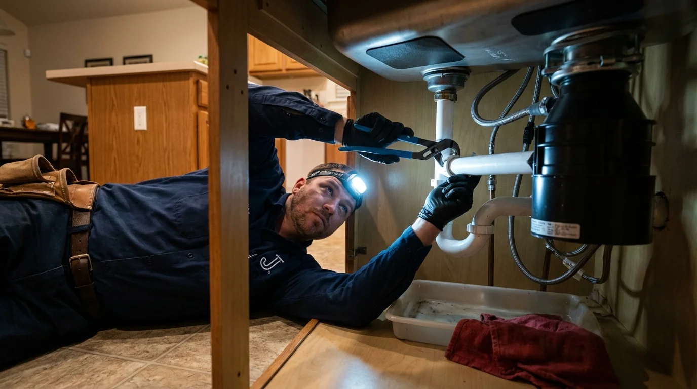 P-trap and supply line connections under a kitchen sink showing a common leak point in Perris, CA